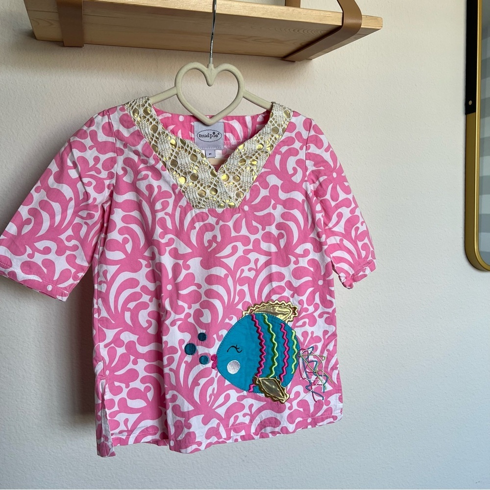 Mud Pie Pink Patterned Fish Applique Tunic Top Swim Cover Up Size 3T